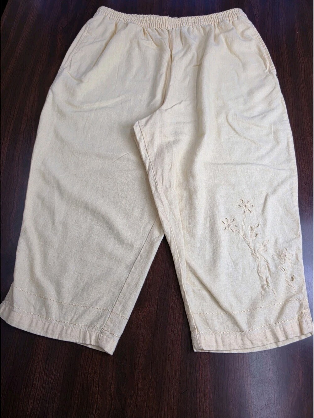 Allyson Whitmore PXL Yellow Linen Blend Casual Pants Embroidered Floral Culottes